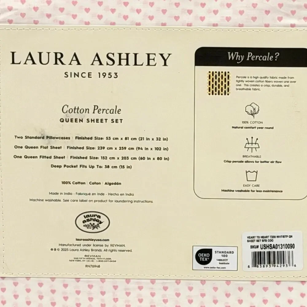 Laura Ashley QUEEN Heart To Heart Pink 4pc Cotton Sheet Set NEW
